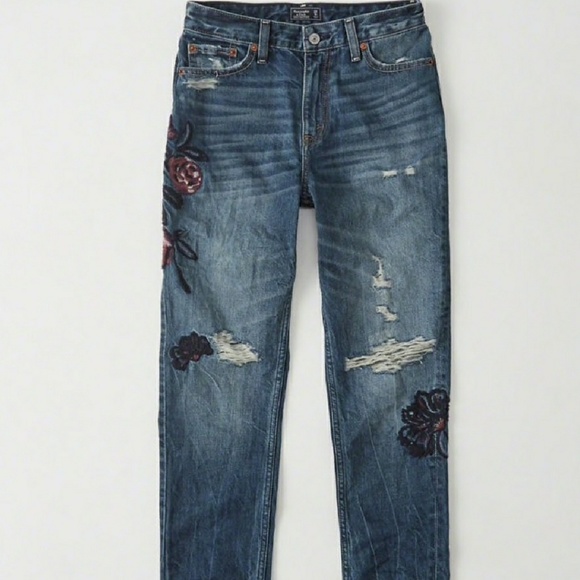A&F Raw Hem Embroided Girlfriend Jeans - Picture 3 of 5